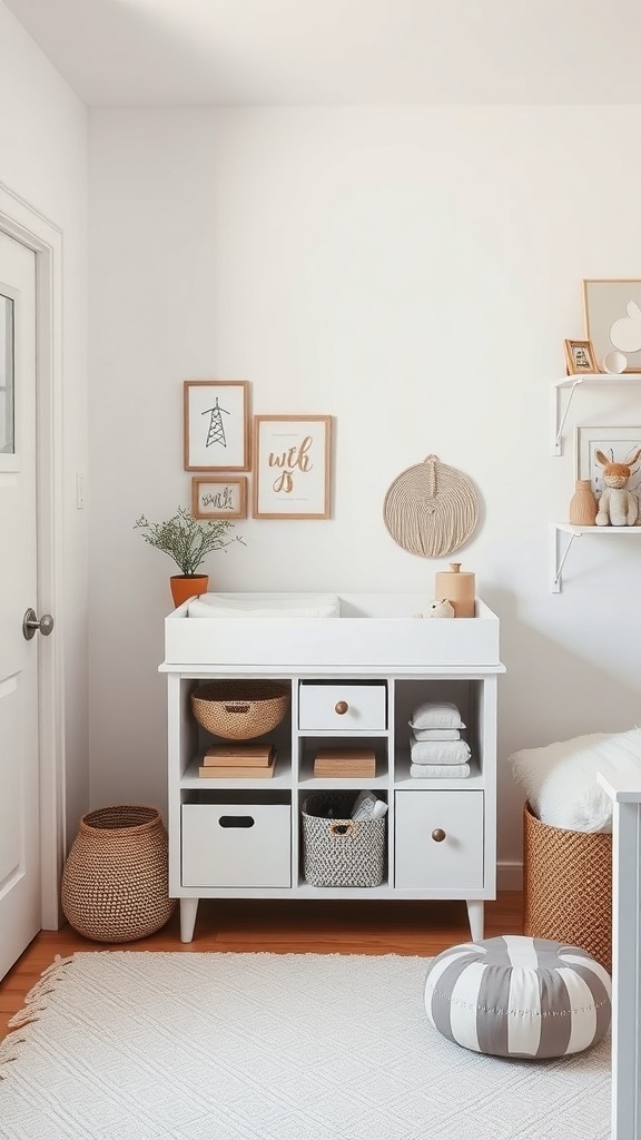 A compact changing station in a small nursery, featuring a white changing table with storage baskets and framed art on the wall.