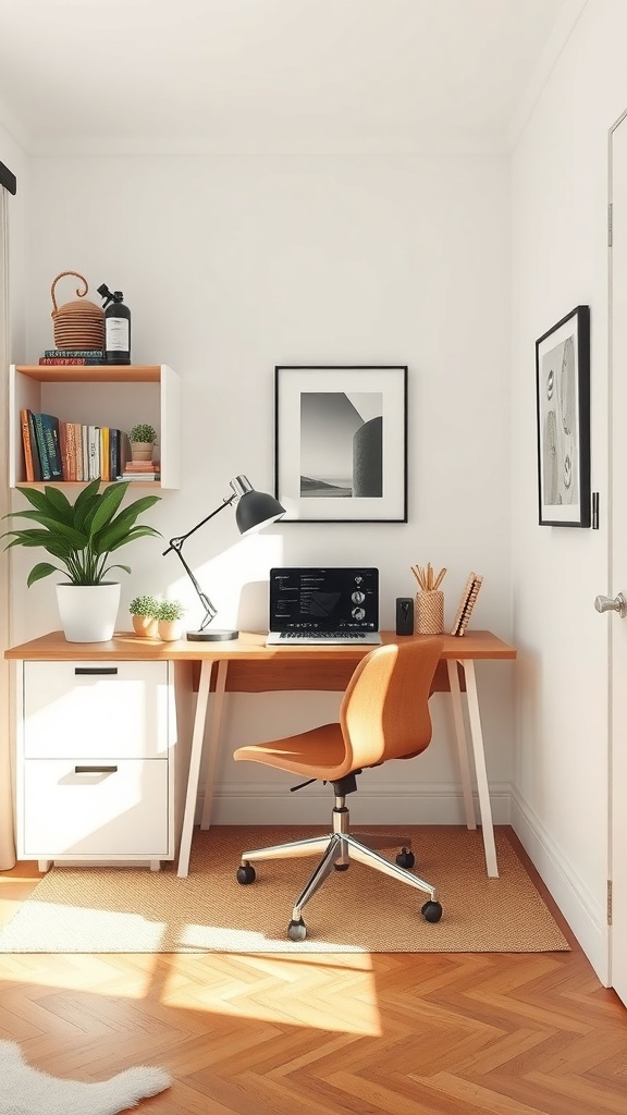 A compact home office featuring a stylish desk, comfortable chair, and decorative shelves.