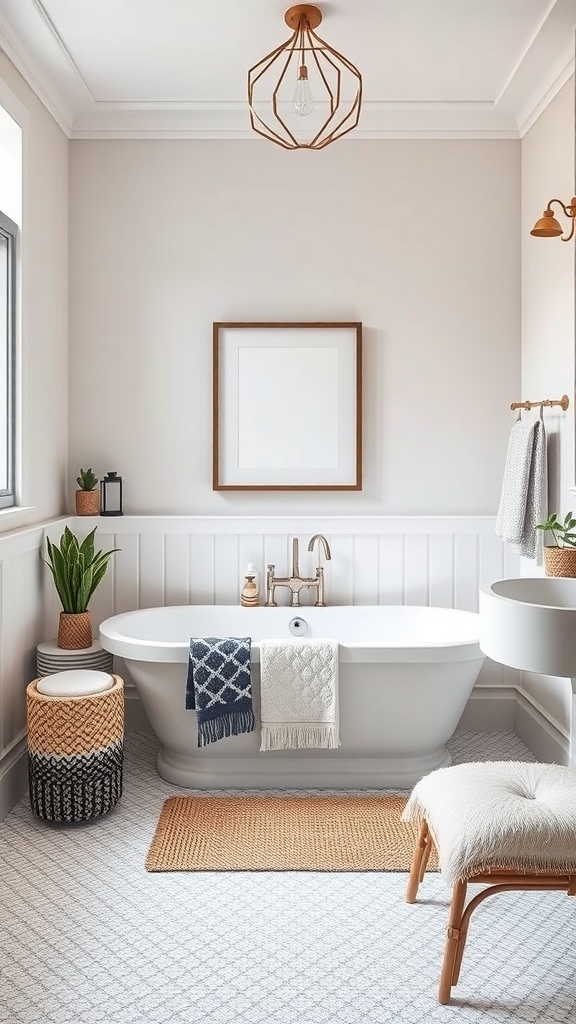 A stylish small master bath featuring a freestanding bathtub, plants, and modern decor.