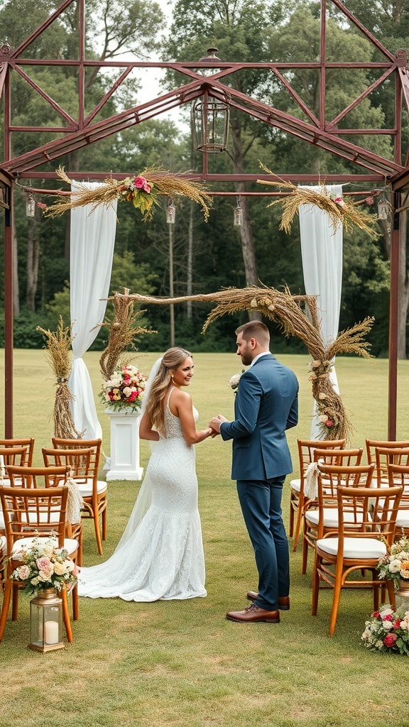 A couple at an outdoor wedding ceremony standing under a decorative arch with floral arrangements.