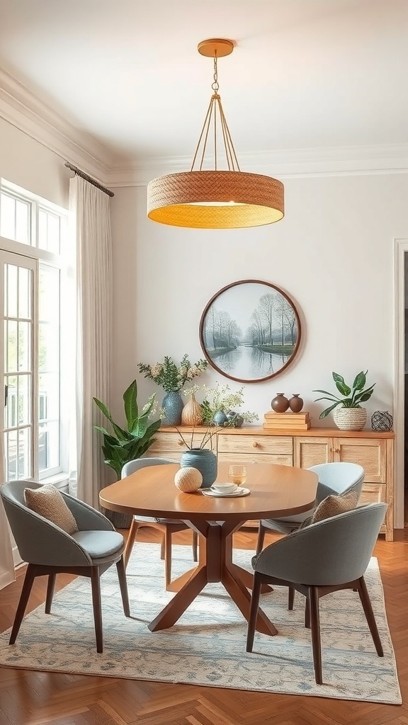 A small dining room featuring a round pendant light, wooden table, and stylish chairs.