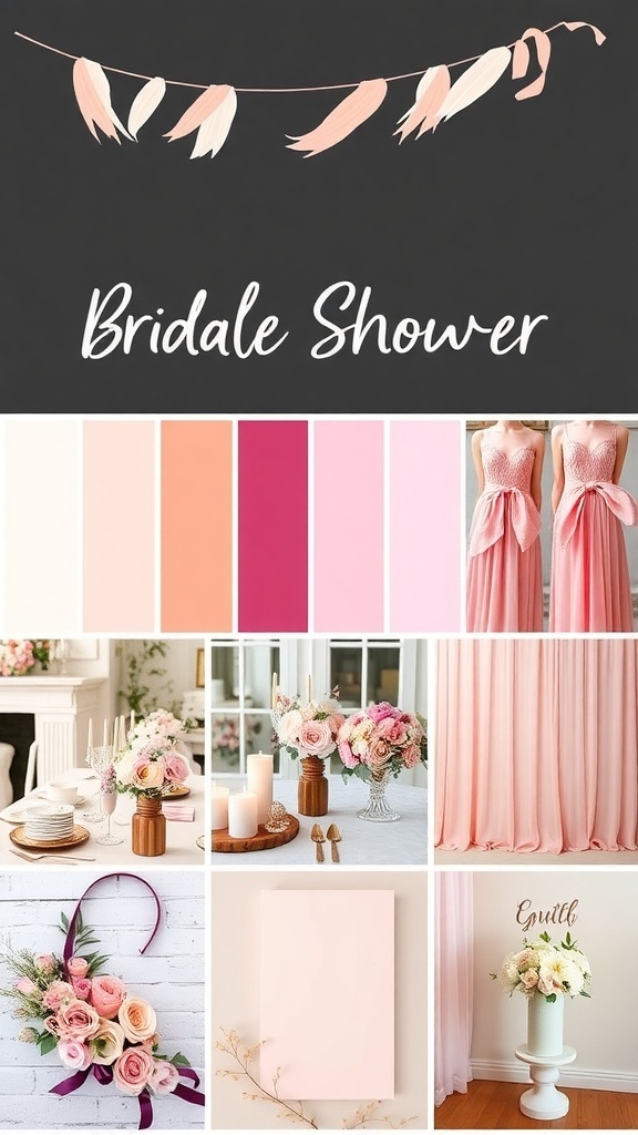 A collection of bridal shower theme ideas, featuring color palettes, floral arrangements, and decor inspiration.