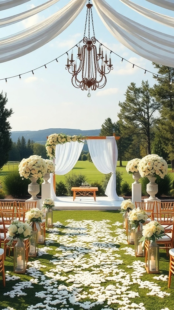 Outdoor wedding venue with beautiful floral arrangements and elegant decor.