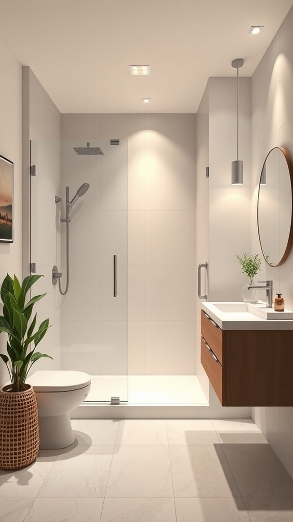 Modern small bathroom featuring a walk-in shower, stylish vanity, and a decorative plant.