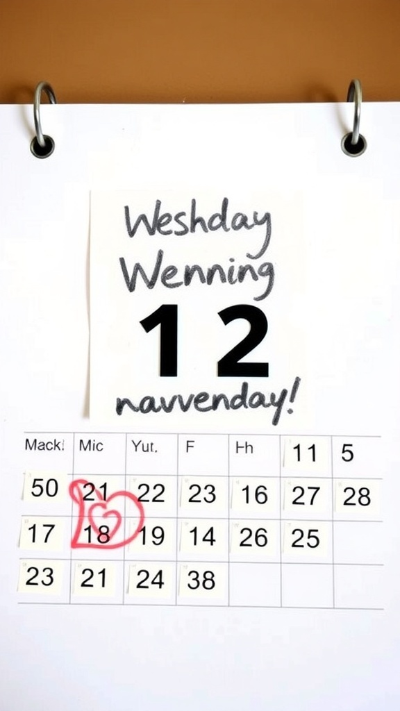 A calendar page with a marked date for a wedding on a weekday