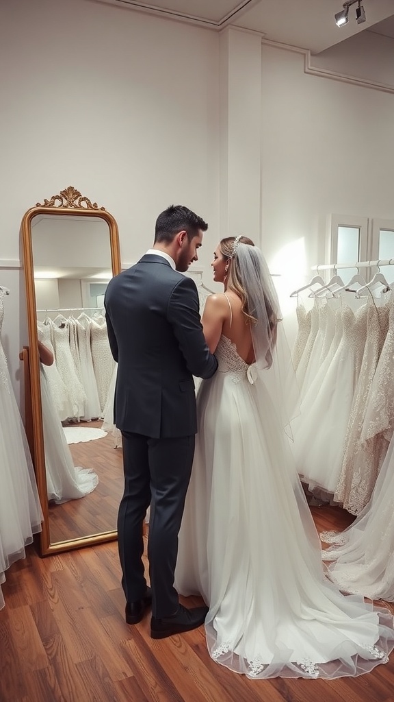 A couple in a bridal shop looking at wedding dresses in the mirror.