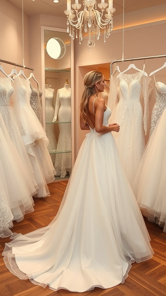 A bride trying on a wedding dress in a boutique surrounded by other dresses.
