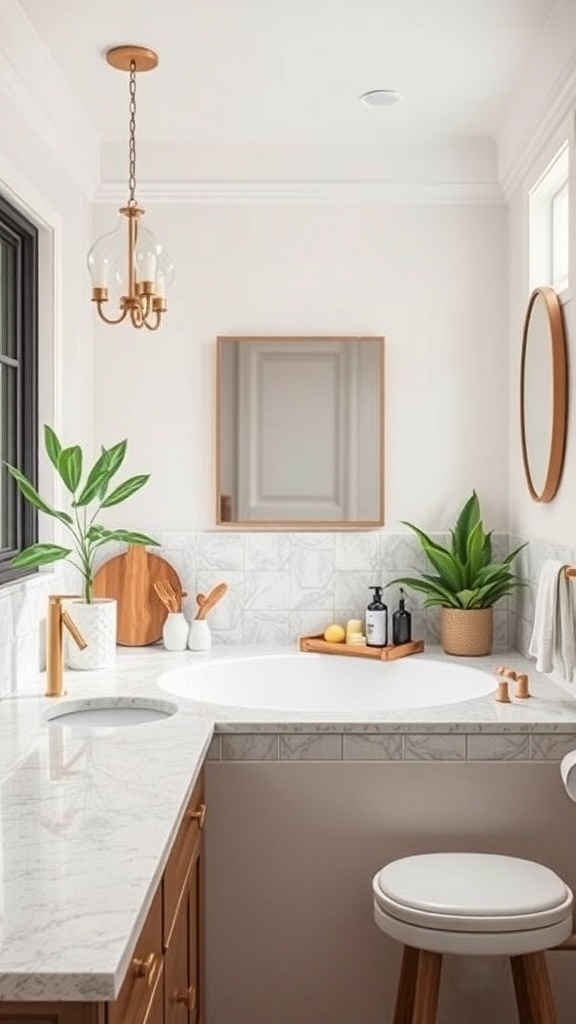 A stylish bathroom featuring a light countertop, wooden vanity, and decorative plants.