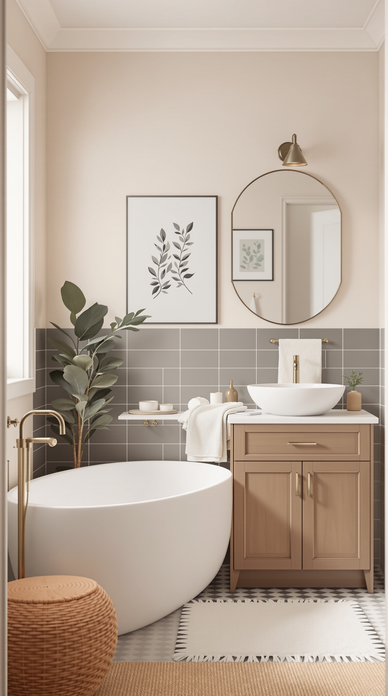 A modern family bathroom featuring neutral colors, a round bathtub, and stylish fixtures.