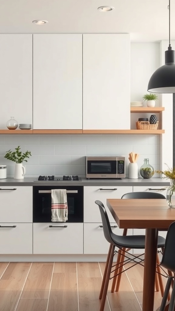 A modern compact kitchen featuring sleek appliances, open shelving, and a dining table.
