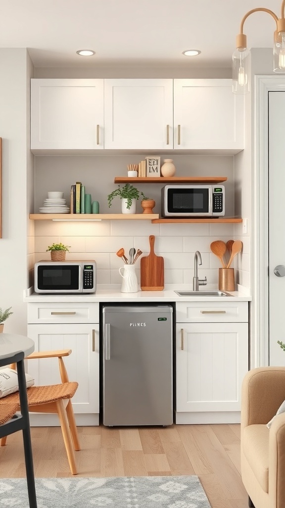 Compact kitchen featuring a mini fridge, microwave, and open shelving.