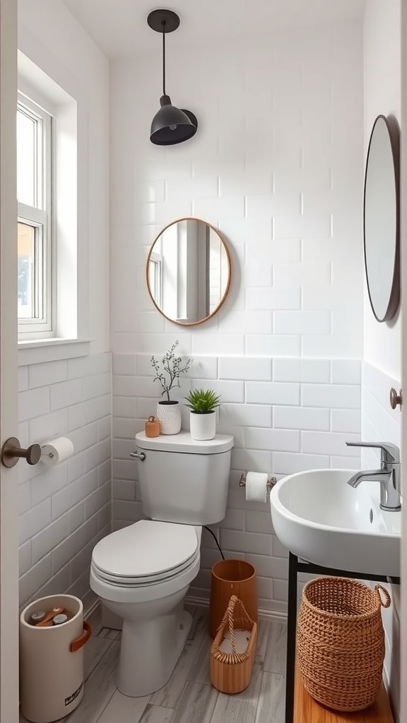 A small half bathroom featuring a compact toilet, wall-mounted sink, and decorative storage baskets.