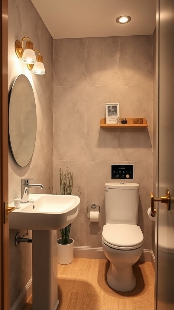 Compact modern bathroom with a wall-mounted sink, toilet, and stylish lighting.
