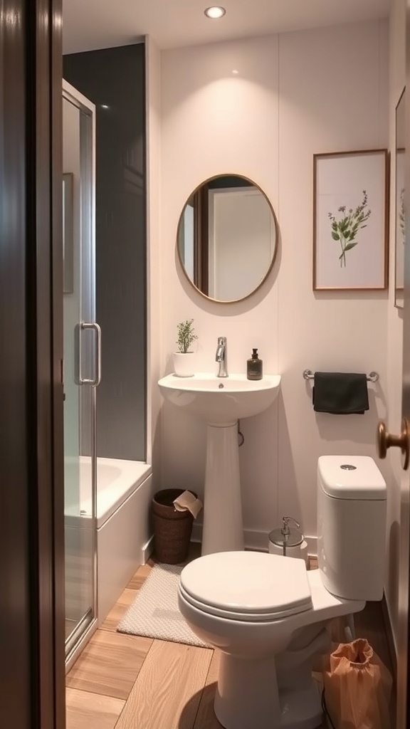 A small bathroom featuring a shower, pedestal sink, and toilet, designed for maximum functionality.