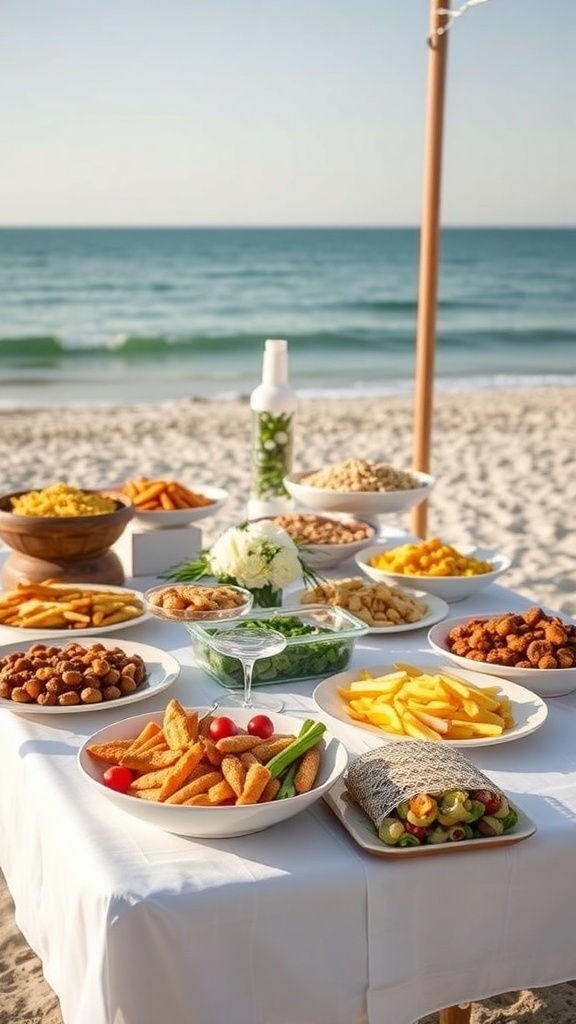 A beautiful buffet display with various foods set up on a beach, featuring plates of salads, snacks, and appetizers against a scenic ocean view.