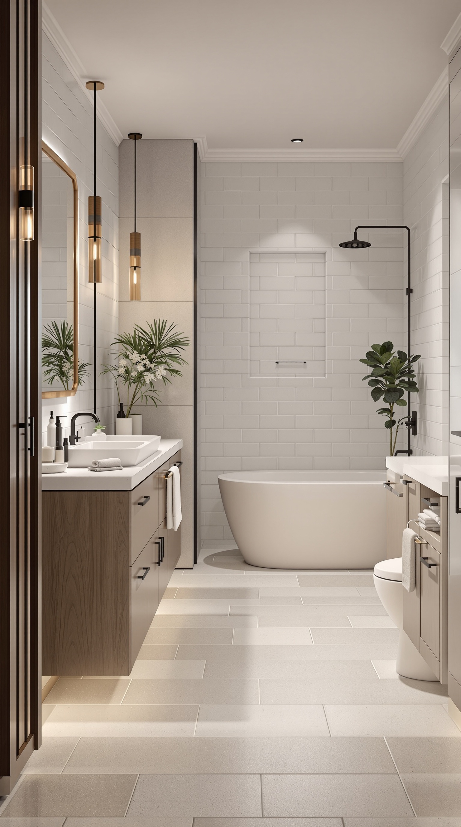 A modern family bathroom featuring sleek tiles, wooden cabinetry, and stylish fixtures.