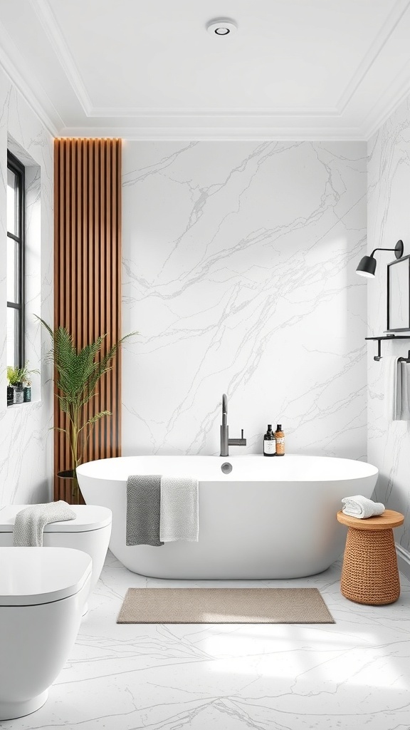 Stylish guest bathroom with marble-like tiles, freestanding bathtub, and wooden accents