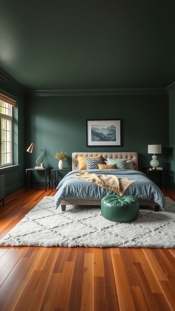 A dark green bedroom featuring warm wooden floors, a gray area rug, and a cozy bed.