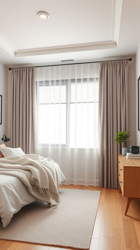 A small teen bedroom featuring soft curtains, a cozy bed, and a wooden dresser.