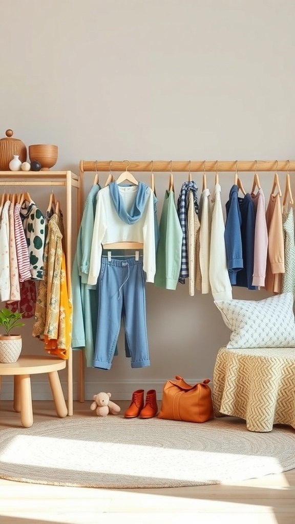 A well-organized kids wardrobe featuring colorful clothes on a wooden rack, a small table with a plant, and a cozy seating area.