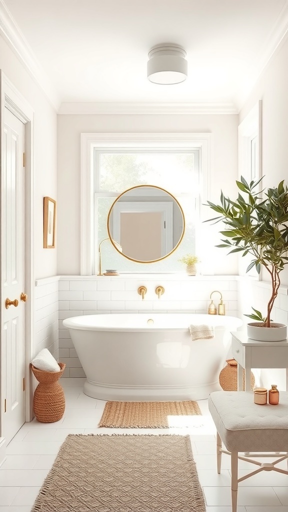 A bright and airy small master bathroom featuring a freestanding tub, light colors, and natural elements.