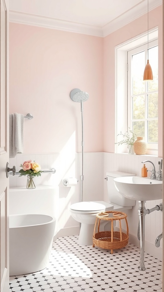 A small bathroom with light pink walls, white fixtures, and a window allowing natural light.