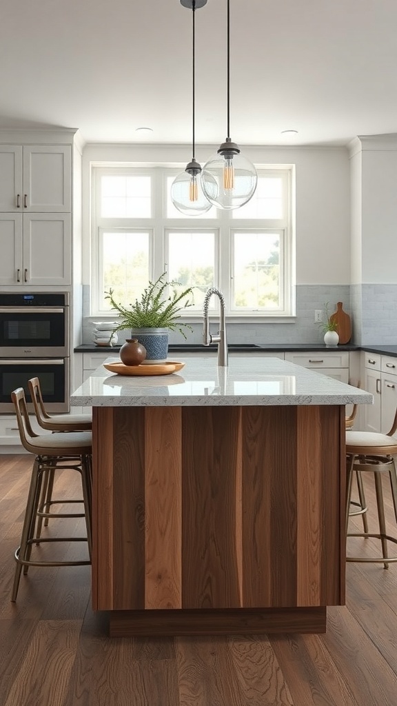 A modern kitchen island with wooden base and light countertop, featuring seating and stylish decor.