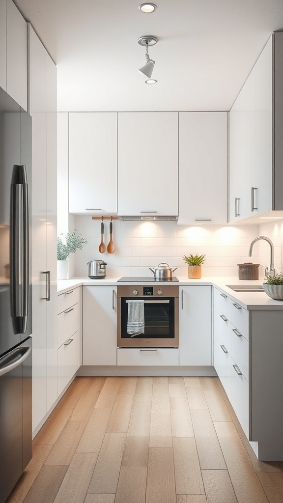 Minimalist kitchen with white cabinets and wooden flooring.