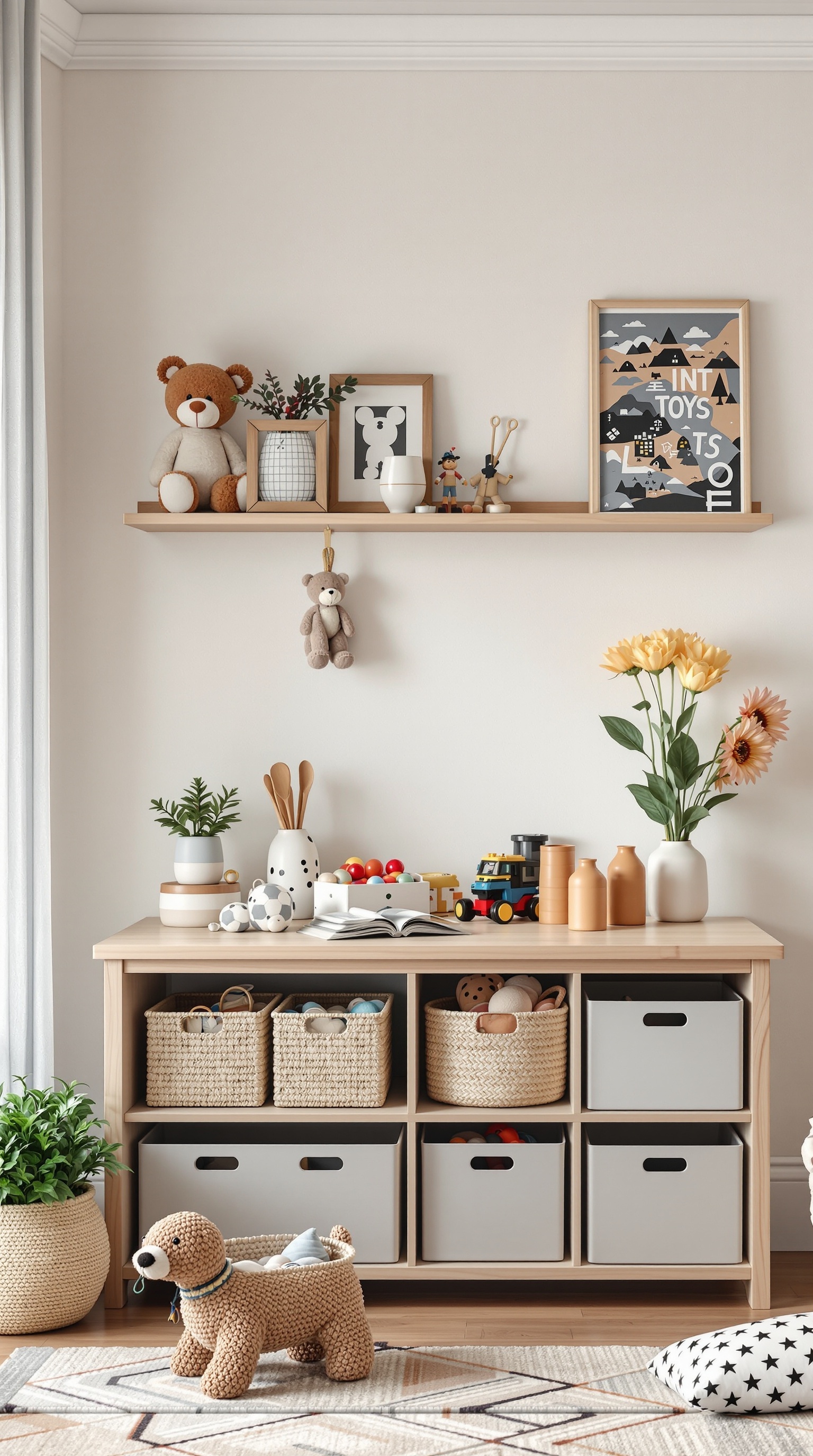 A well-organized toy room featuring multi-functional furniture, including a storage table with baskets and a decorative shelf.