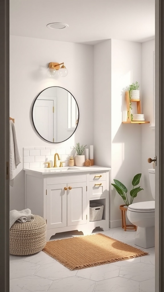 A minimalist small bathroom featuring a white vanity, round mirror, wall shelves with plants, and a woven basket.