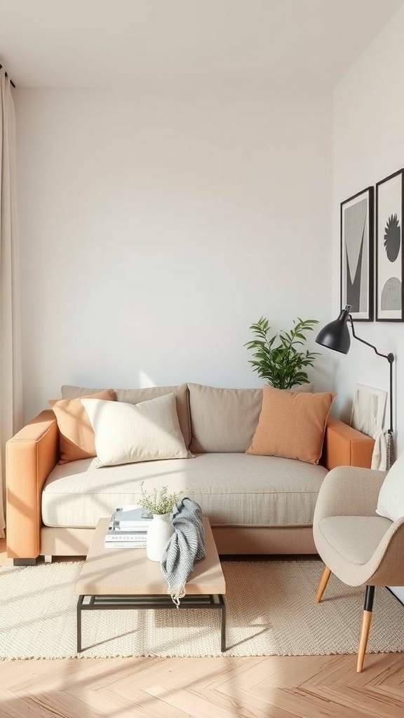 A cozy small apartment living area featuring a multi-functional sofa, a coffee table, and a chair, with plants and artwork on the walls.