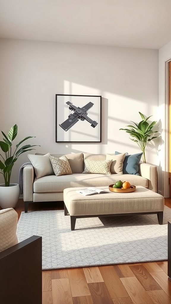 Cozy small living room with a light sofa, ottoman, and plants.