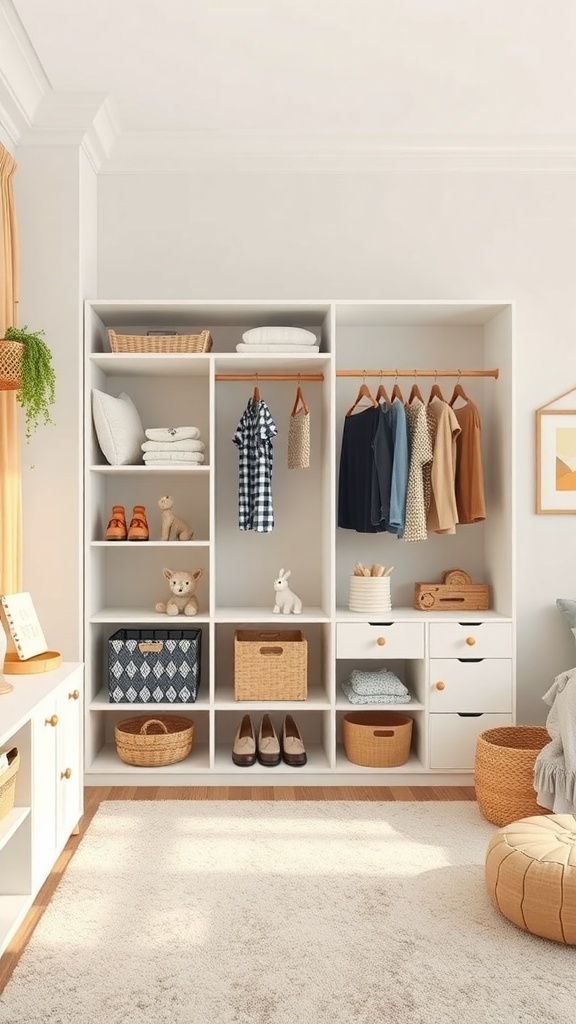 Organized kids wardrobe with shelves, baskets, and hanging clothes