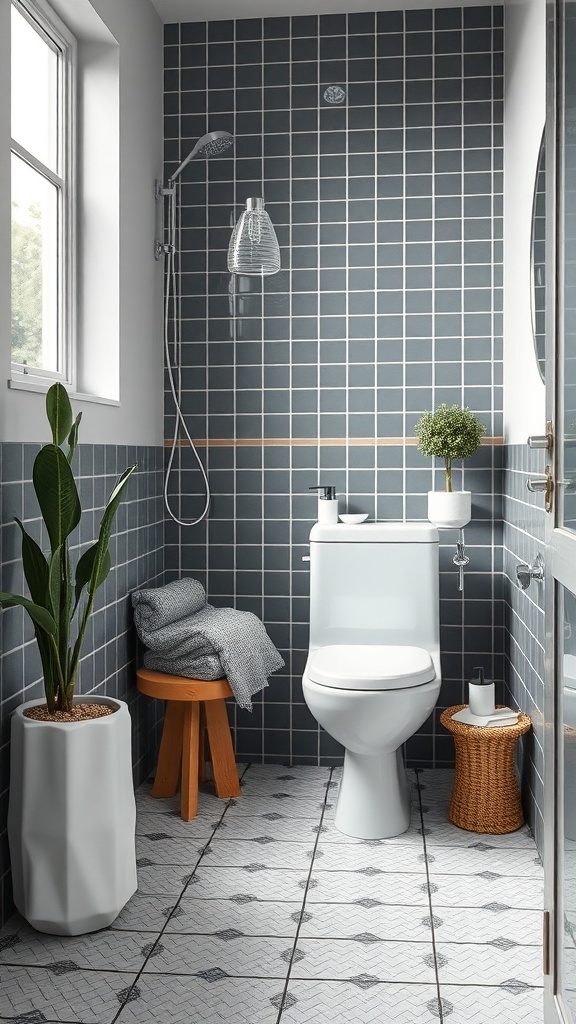 Small bathroom with shower featuring modern tiles and a clean design