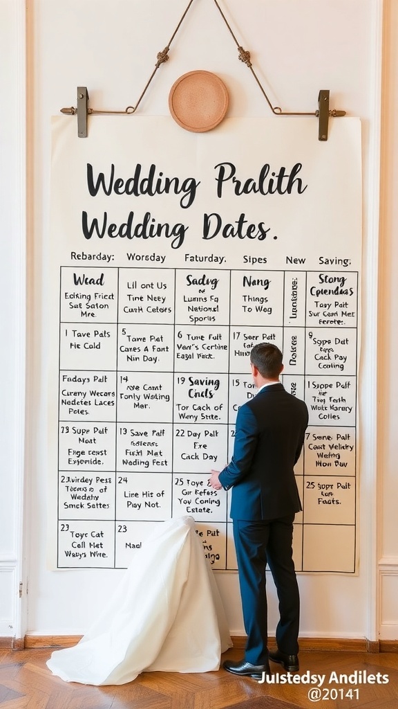 A couple reviewing a creative wedding date calendar.