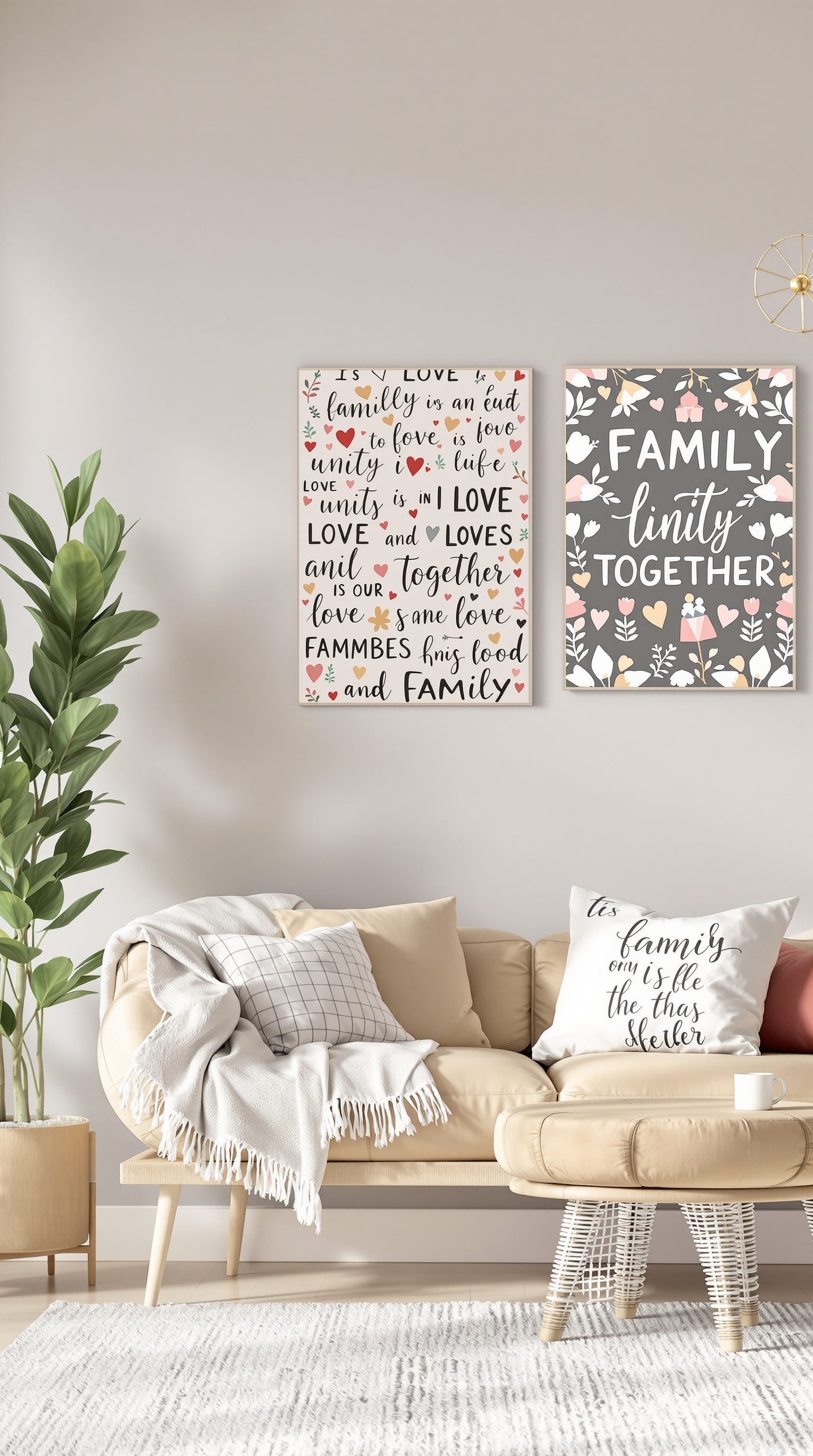A cozy living room with family-themed wallpaper and a comfortable couch.