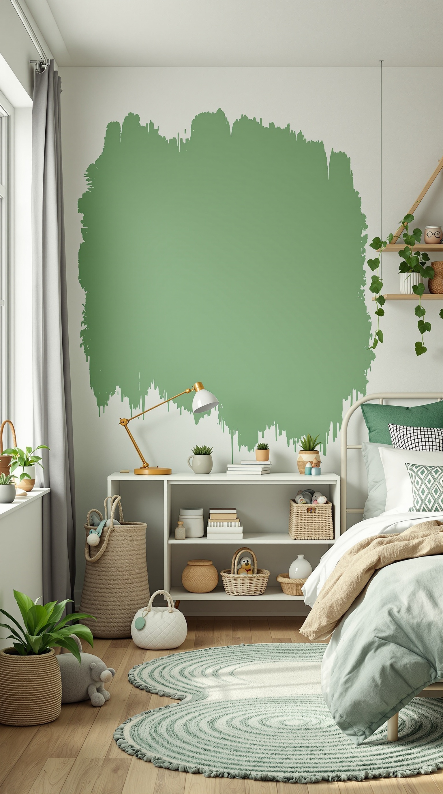 A green kids room with a fresh paint job, featuring a cozy bed, plants, and a bright atmosphere.