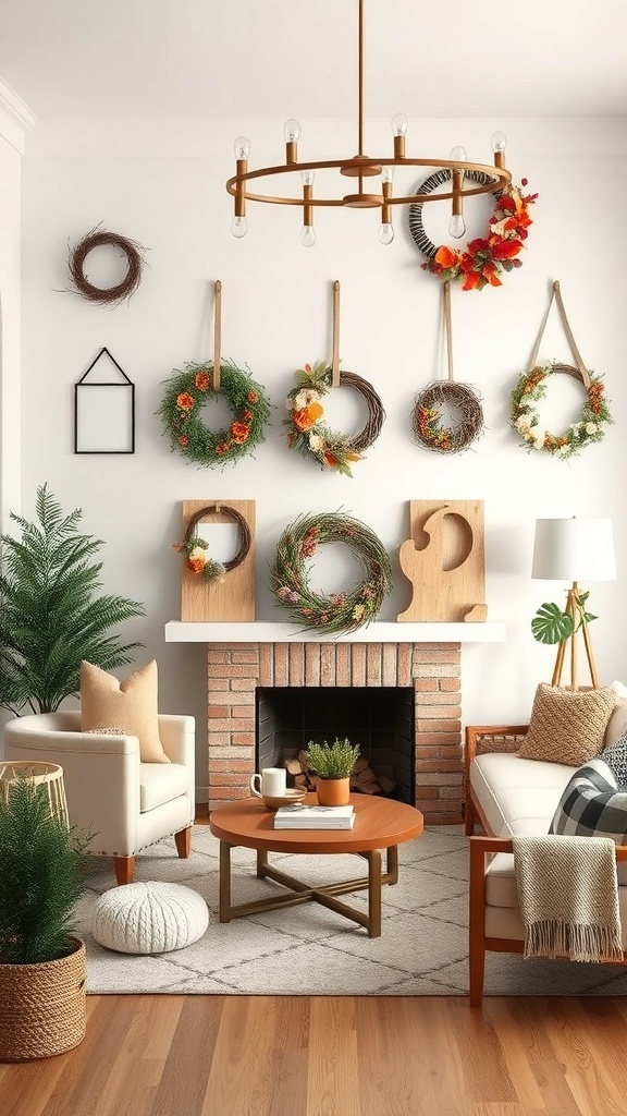 A cozy living room featuring various seasonal wreaths on the wall, showcasing different themes and colors.