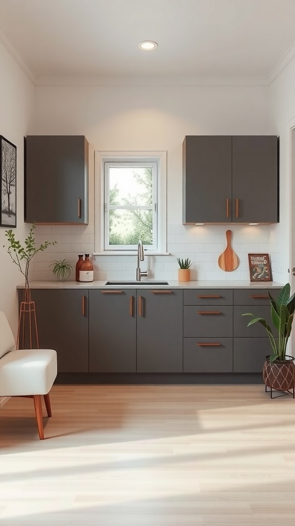A modern small kitchen with dark gray cabinets, copper handles, and natural light.