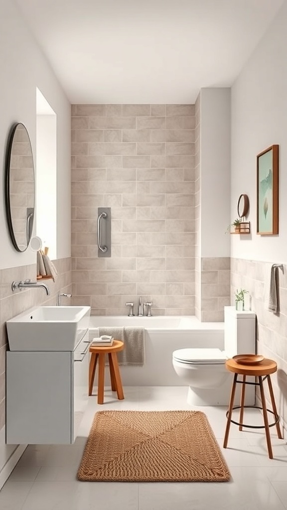 A small full bathroom featuring slimline furniture, light tiles, and wooden stools.