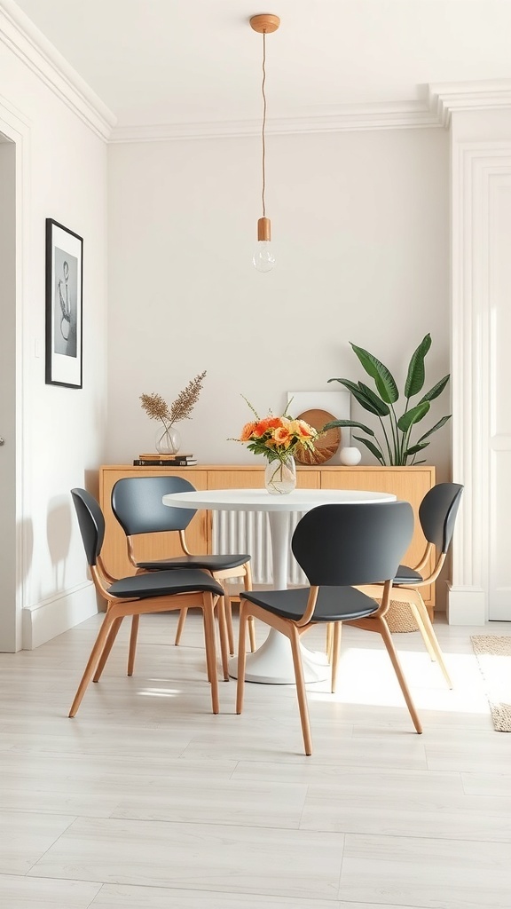 A small dining room with a round table and space-saving chairs, featuring a modern design and a cozy atmosphere.