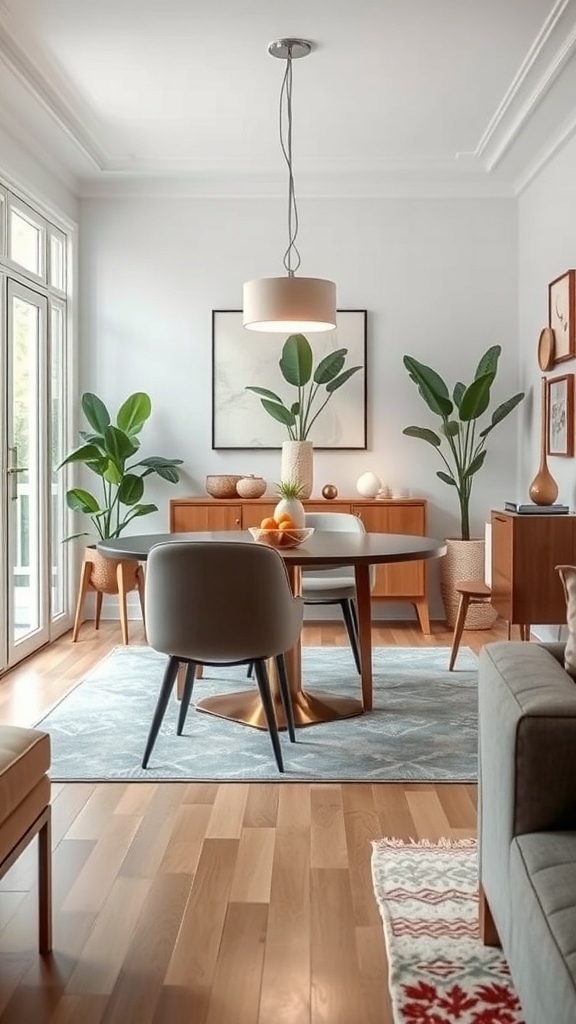 A small dining room featuring a round table with space-saving chairs, surrounded by plants and modern decor.