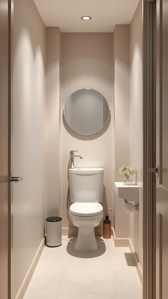 A narrow bathroom featuring a compact toilet, round mirror, and minimal decor.