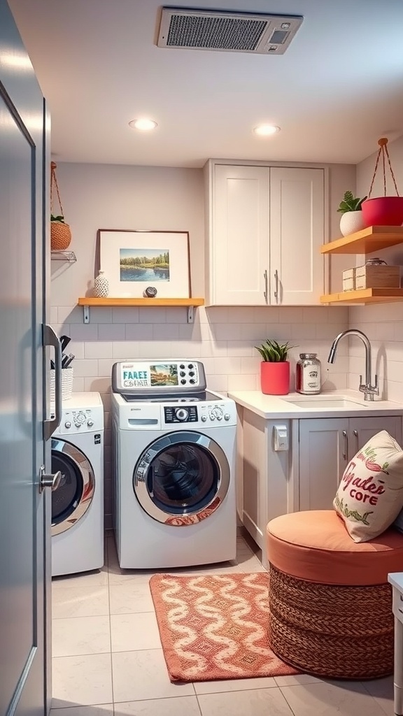 A stylish basement laundry room featuring modern appliances, light cabinetry, and decorative elements.