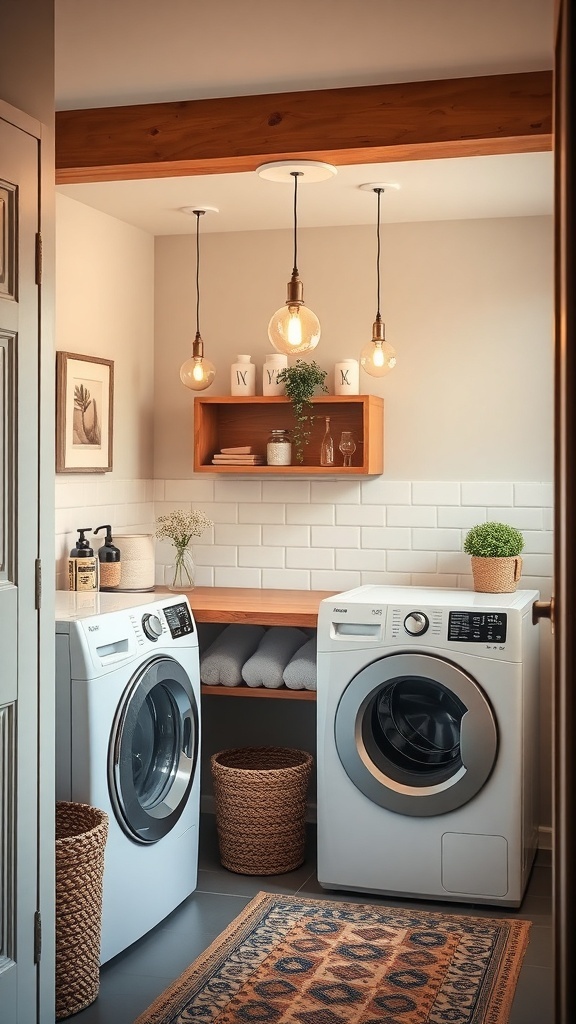 A small laundry room with stylish pendant lighting, modern appliances, and natural decor.