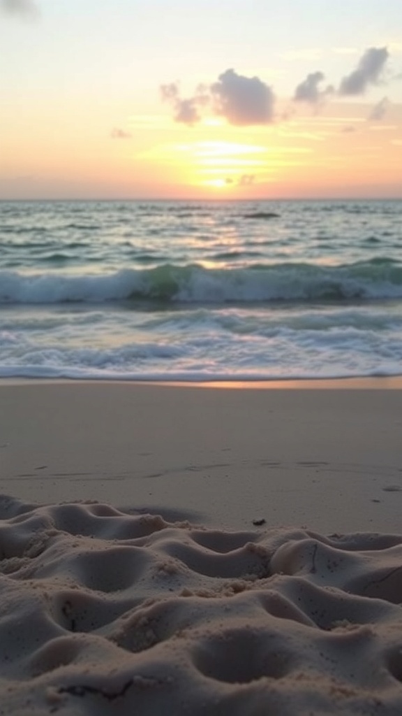 A beach at sunset with gentle waves and soft sand.
