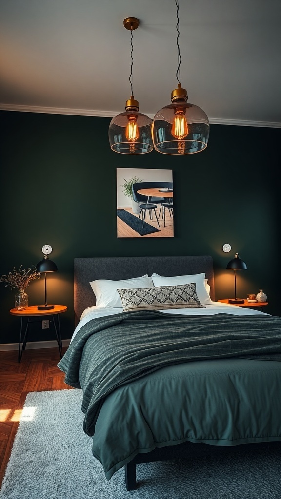 A dark green bedroom featuring stylish pendant lights and bedside lamps.