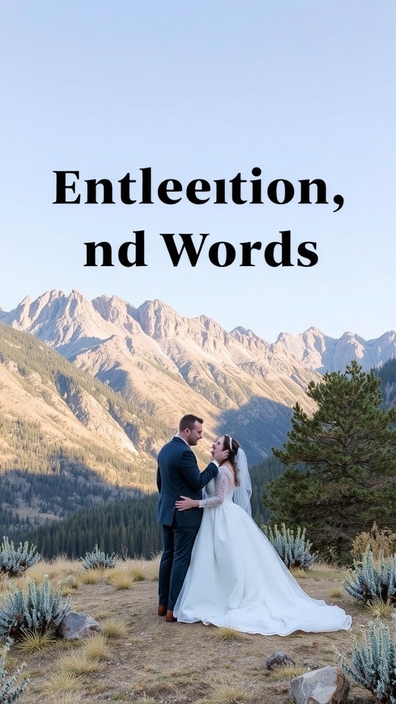 A couple in wedding attire embracing in a mountainous outdoor setting
