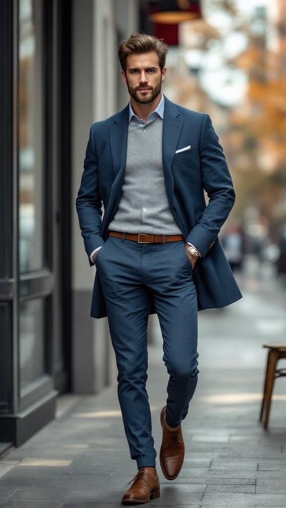 A man in a stylish blue suit walking confidently down the street.
