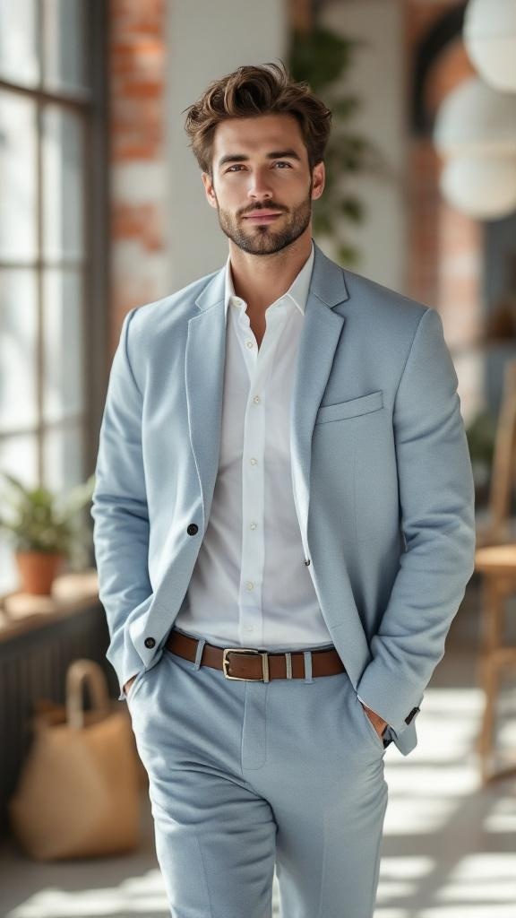 A man in a light blue suit with a white shirt, standing confidently in a stylish interior.
